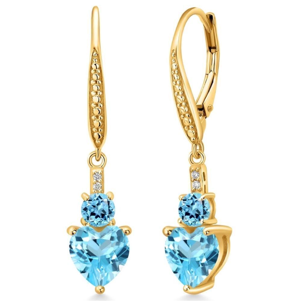 18K Yellow Gold with 3.74 Cttw Swiss Blue Topaz and Diamond Heart Drop0 Earrings